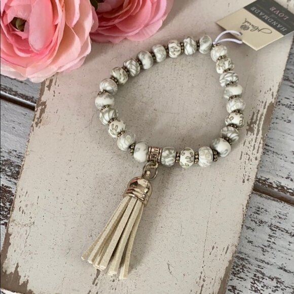 New Jilzarah Linen Tan Handmade Polymer Clay Beads Tassel Bracelet - Picture 1 of 5